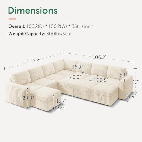 HONBAY Modular Sectional Sleeper Sofa with Pull Out Bed Oversized Corduroy L Shaped Sofa Bed with Storage Couches for Living Room,Beige - Image 2