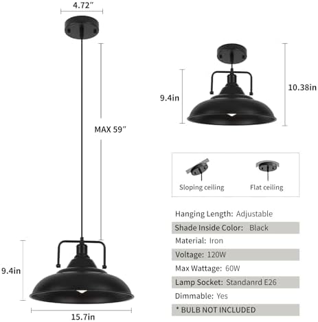 Black Pendant Light, Large Pendant Light 15.7" 1 Pack, Modern Farmhouse Pendant Lighting, Kitchen Pendant Lights, Pendant Lights Kitchen Island for Kitchen, Living Room - Image 6
