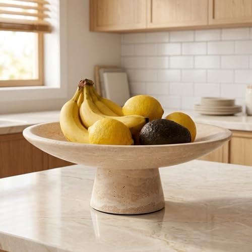 Travertine Fruit Bowl for Kitchen Counter, 10.2" Large Decorative Pedestal Stone Bowl, Natural Marble Centerpiece Bowl for Dining Table, Modern Organic Kitchen & Home Decor by BekPooQ