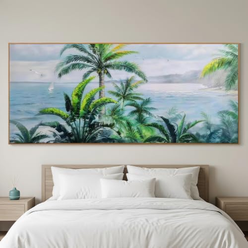 Anolyfi Palm Tree Picture Green Tropical Wall Art for Living Room Landscape Large Canvas Painting Nature Seascape Textured Artwork Framed Bedroom Kitchen Hallway Office Home Decor Framed 71"x32" - Image 5