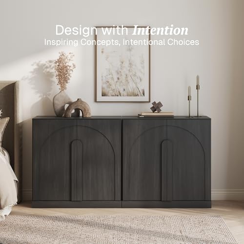 BELLEZE Set of 2 Modern Sideboard Buffet Cabinets (63" Wide)-Large Sideboard Credenza with Arched Doors-Seamless Hidden Organization Console for Living Area-Ebony - Image 3