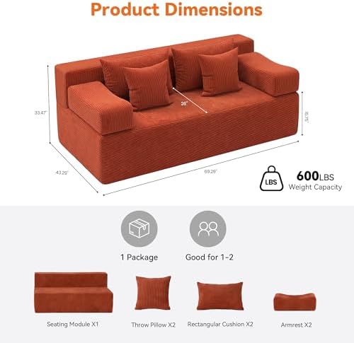 MONVANE 70" Modular Sectional Sofa, Boneless Loveseat, Terracotta - Image 2