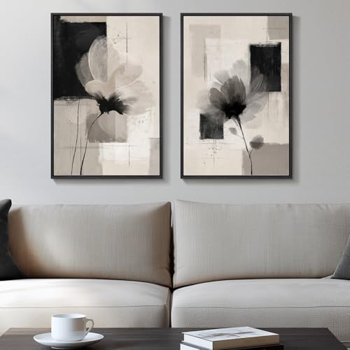 Framed Neutral Abstract Floral Wall Art Decor for Bedroom Set of 2, 16x24 by Cuspin