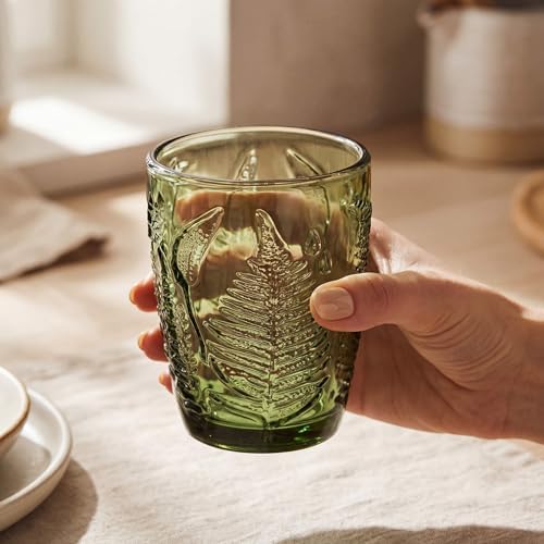 Vintage Green Drinking Glass, 10 oz Hand-Pressed Deep Textured Glass Cup, Fern Embossed Retro Glassware, Decorative Tumbler for Water, Cocktails & Juice, Boho Colored Kitchen Drinkware, Unique Gift - Image 2