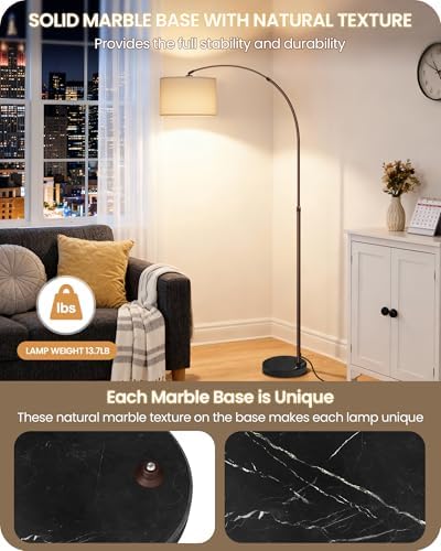 75" Dimmable Brown Arc Lamp with Marble Base,Adjustable Height, White Shade - Image 2