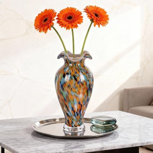 12.2H Murano Hand Blown Glass Vase, Ruffled Scalloped Rim Wide Mouth Colorful Decorative Flower Vase, Large Glass Centerpiece for Living Room, Bathroom, Office,Bookshelf, Entryway,Mantel Decor(Orange) - Image 4