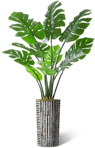 Artificial Tree in Black and Brown Striped Planter, Fake Monstera Silk Tree for Indoor and Outdoor Home Decoration - 65" Overall Tall (Plant Pot Plus Tree) - Image 2