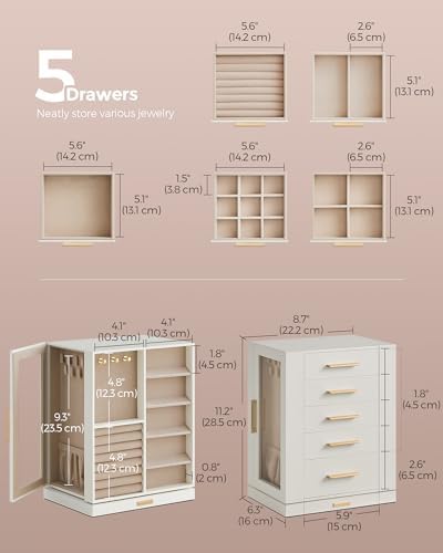 SONGMICS Jewelry Box Organizer, 360° Rotating, 5 Drawers, Cloud White - Image 4