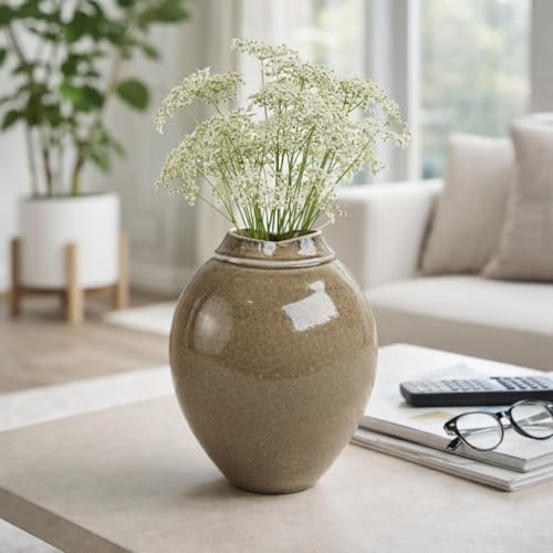 Glazed Oval Vase for Living Room Decor - Modern Stoneware Porcelain Flower Vase for Home, Bedroom, House or Office Table Accents - Timeless Accent Display for Study Room Decor - 11", Brown by NESSANDJORD