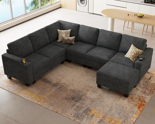 Belffin Chenille Modular Sectional Sofa Convertible L Shaped Corner Couches for Living Room with Storage Armrest with Cup Holder Dark Grey Couch by Belffin