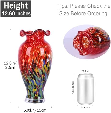 12" Tall Hand Blown Glass Vase – Pretty Ruffle Wide Mouth Decorative Flower Vase, for Modern Home Decor, Ideal Centerpiece for Living Rooms, Wedding & Home Decor - Image 3