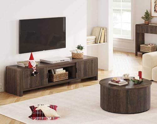 FATORRI TV Stand for 75/65/55 Inch TVs, Mid Century Modern Entertainment Center with Storage, Wood Waveform Fluted-Door Television Media Console for Living Room, Bedroom (63 Inch W, Dark Walnut) - Image 7