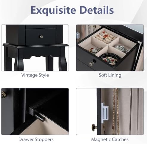 Giantex Standing Jewelry Armoire Cabinet with 4 Drawers, Flip Top Mirror, Top Storage Compartments, 2 Side Doors with 8 Necklace Hooks, Freestanding Jewelry Organizer Box Chest (Black) - Image 6
