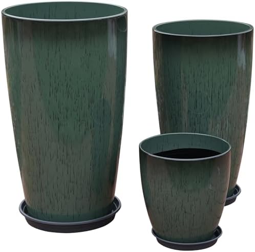 24,21,11 Inch Large Plastic Planters with Drainage Hole and Saucer - Set of 3 Tall Plant Pots Indoor Flower Pot Tall Round Planters Outdoor Large Tall Planter by MinCHI257