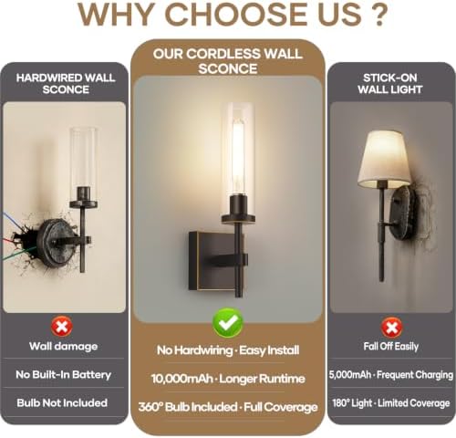 Battery Operated Wall Sconce Set of 2 with Remote Control,Fast Charging,Wireless Wall Lights for Living Room Bedroom Hallway,Oil-Rubbed Bronze - Image 2