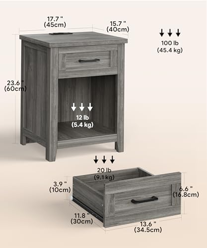 Decofy Farmhouse Nightstand with Charging Station, Grey Oak - Image 3