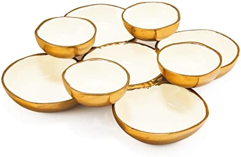 Cluster of 9 Serving Bowls, One-Piece Set, Gold White Brass Multi-Bowl Display Tray for Snacks Nuts Chips Appetizers, Modern Home Entertaining Centerpiece Dining Parties Housewarming Wedding Gifts 11" by Gute