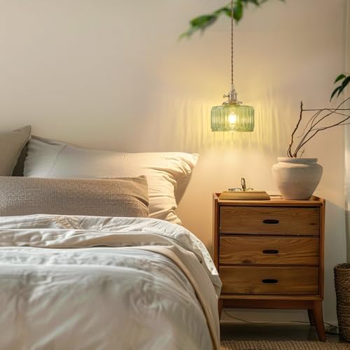 Shenmoyl Pendant Light with Green Striped Glass Lmapshade, Brass Vintage Pendant Light Adjustable Hanging Light for Kitchen Island Dining Room Hallway - Image 6