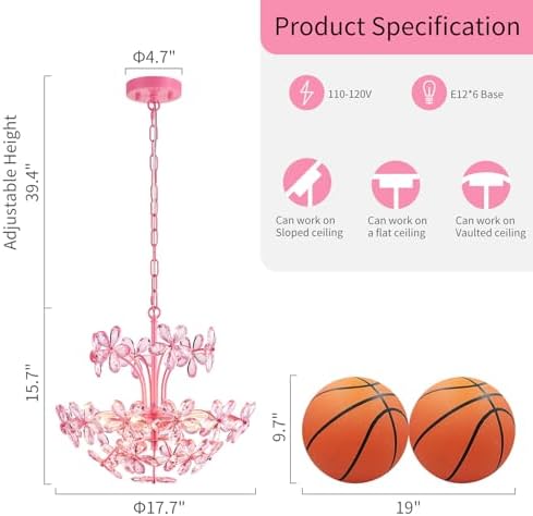 WUZUPS Crystal Chandelier Pendant Flushmount Ceiling Light Modern Lighting Fixture for Bedroom Hallway Bar Kitchen Bathroom, H 15.7" x W 17.7", Pink, E12 Base - Image 2