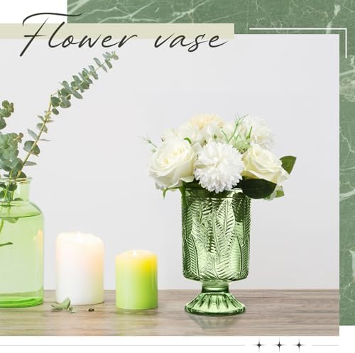 6 Pcs (H:7" W:4") Embossed Flower Vase Pedestal Glass Vase, Green - Image 5
