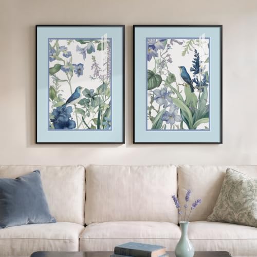 Framed Vintage Blue Floral Bird Botanical Wall Art for Living Room, 2 Piece by Cuspin