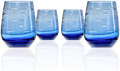 Rolf Glass School of Fish Blue Stemless Wine Glass | Set of 4 Stemless Glasses | 15oz Limited Edition Blue Glass Tumblers | Engraved Lead-Free Coastal Glassware | Made in the USA by RolfGlass