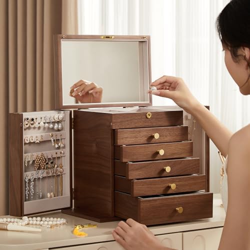CHOSIN Black Walnut Wooden Jewelry Box for Women with Lock, Mirror, 6 Layer - Image 5