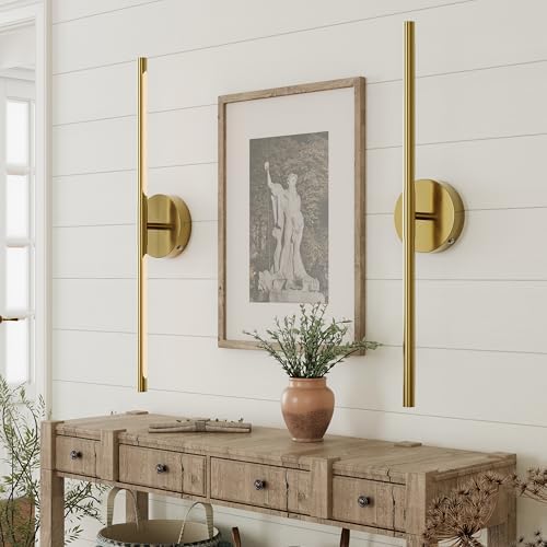 32" Battery Operated Wall Sconce Set of 2, 350° Rotating Lamp, Gold by Lumiquesce