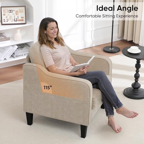 Accent Chairs Set of 2, Upholstered Living Room Chair with Side Pockets, Mid Century Modern Reading Chair for Bedroom, Comfy Armchair Single Sofa Side Chair for Office, Small Room, Light Brown - Image 7