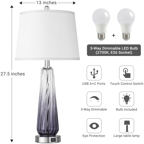 Glass Table Lamps Set of 2, Modern Bedside Lamps for Bedrooms with USB A+C Ports, 3-Way Dimmable Touch Control Nightstand Lamp with White Linen Shade, 27.5" Large Lamps for Living Room Decor, Grey - Image 4