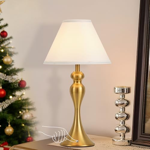 Cordless Table Lamp Rechargeable, Battery Night Light Fabric Shade, Brass by KARTOOSH
