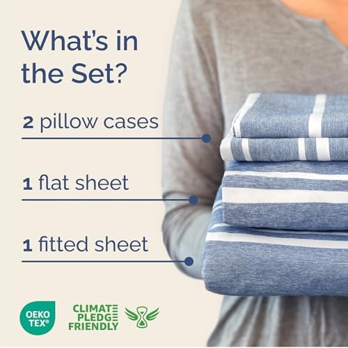 Cal King Size 4 Piece Sheet Set - Comfy Breathable & Cooling - Blue Stripes - Image 2