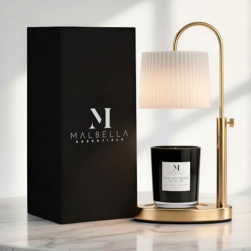Dimmable Glass Candle Warmer Lamp with Timer - Adjustable Height Candle Lamp Warmer with Timer (8H/4H/2H) - Wax Melter - Ideal Gift, fits Various Size Scented Candles - 02 Bulb - (Gold Metal) by MalbellaEssentials