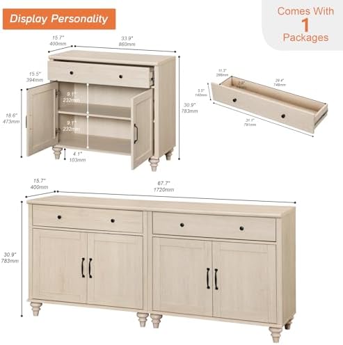WAMPAT Farmhouse Buffet Cabinet with 4 Doors and 2 Drawers, Beige, 68 inch - Image 2
