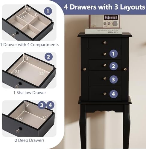 Giantex Standing Jewelry Armoire Cabinet with 4 Drawers, Flip Top Mirror, Top Storage Compartments, 2 Side Doors with 8 Necklace Hooks, Freestanding Jewelry Organizer Box Chest (Black) - Image 4