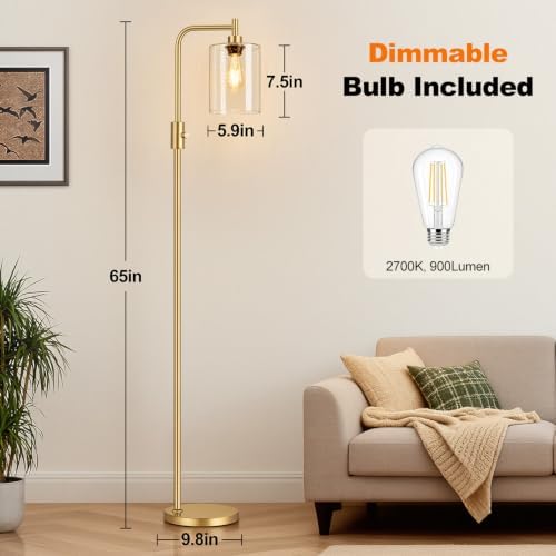【Upgraded】 Dimmable Floor Lamp for Living Room with Seeded Glass Lampshade, Gold Modern Glass Floor Lamp with 900LM LED Bulb Included, Arc Standing Tall Lamp for Bedroom, Office, Reading Room, Corner - Image 7