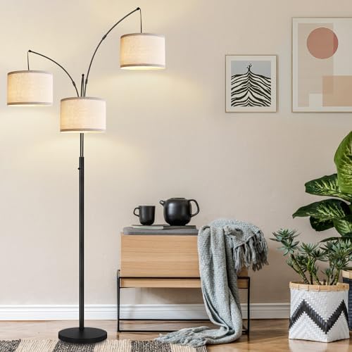 Dimmable Floor Lamp - 3 Lights Arc Floor Lamps for Living Room, 1000LM Modern Tall Standing Lamp with White Shades & Heavy Base, Mid Century Tree Floor Lamp for Bedroom Office, 3 LED Bulbs Included - Image 4