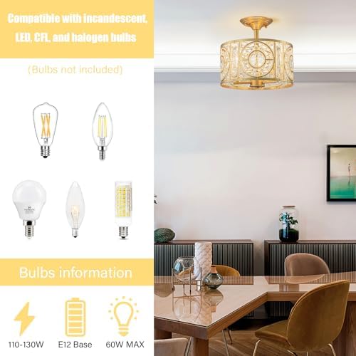 Semi Flush Mount Chandelier for Dining Room, 3-Lights Vintage Crystal Round Chandelier, Gold Retro Semi-Flush Mount Ceiling Lights Fixture for Living Room Bedroom Kitchen Hallway Foyer - Image 2