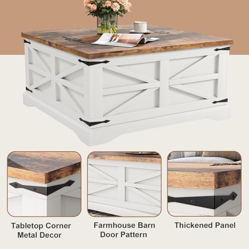 MXV Farmhouse Coffee Table with Storage, Square Coffee Tables for Living Room, Rustic Wood Center Table with Hinged Lifting Tabletop for Home, White - Image 5