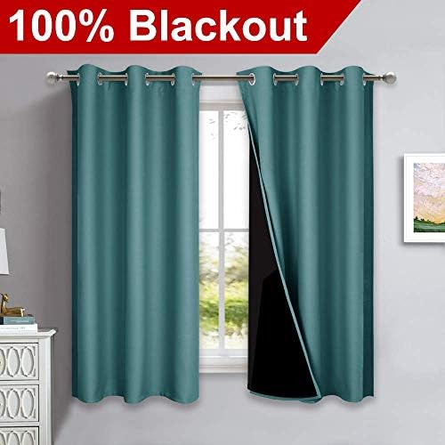 NICETOWN 100% Blackout Short Curtains with Black Liners, 2 Panels, 37" W by 40" L, Sea Teal, Solid Thermal Insulated Full Blackout 2-Layer Lined Drapes, Energy Efficiency Window Draperies for Bedroom - Image 2