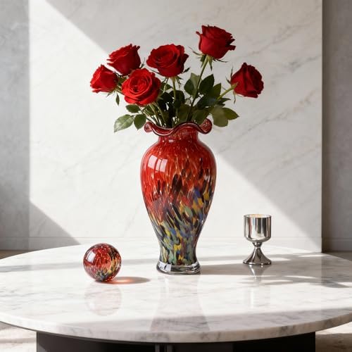 12.2H Murano Hand Blown Glass Vase, Ruffled Scalloped Rim Wide Mouth Colorful Decorative Flower Vase, Large Glass Centerpiece for Living Room, Bathroom, Office, Bookshelf, Entryway, Mantel Decor (Red) - Image 4