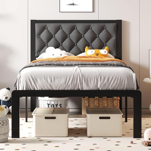 Fluest Twin Bed Frame with Headboard Linen Upholstered Bed Frame Platform,All Metal Slats Support Platform Bed Frame with Storage Space,Easy Assembly,Noise Free,No Box Spring Needed,Grey by Fluest