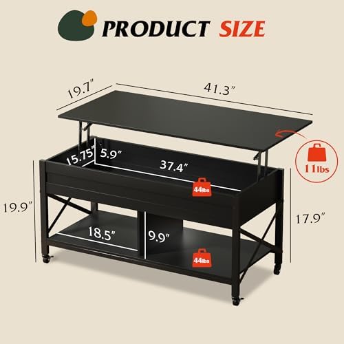 WLIVE Coffee Table Black, 41.3" Lift Top Coffee Table with 4 Wheels - Image 3