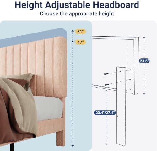 Allewie Twin Bed Frame, Upholstered Platform Bed with Adjustable Vertical Channel Tufted Headboard, Mattress Foundation with Strong Wooden Slats, Box Spring Optional, Easy Assembly, Chenille Pink - Image 6