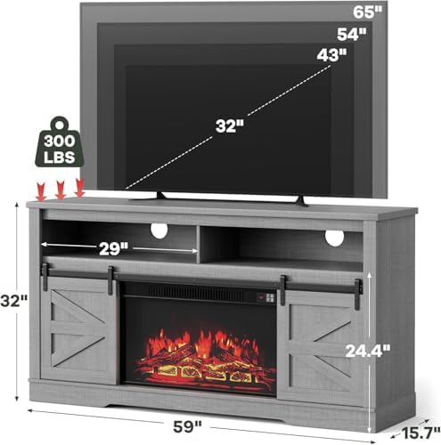 YESHOMY Farmhouse Fireplace TV Stand for Television up to 65+ Inch,Gray - Image 5
