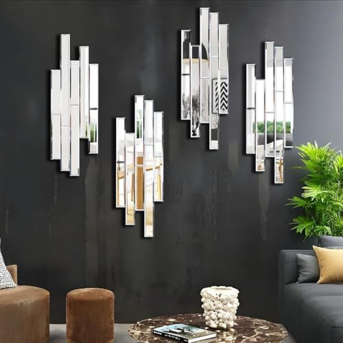 Artisan Set of 4 Silver Beveled Wall Decor Mirrors - 24x8 Inch Each, Creative Combination Design for Modern & Farmhouse Home Decor, Shatter-Resistant Glass with Wood Backing by VOHJD