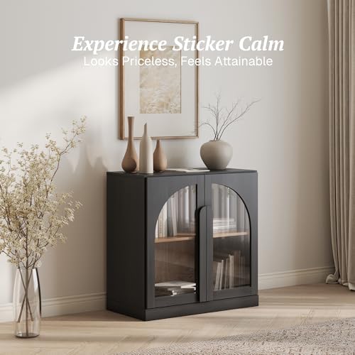 BELLEZE Bijou 31.5" Modular Sideboard Cabinet - Expandable Design w/Arched Glass Doors - Use Solo or Combine for Buffet, Living Room Media Center & Entryway - 70lbs Capacity, Ebony - Image 4