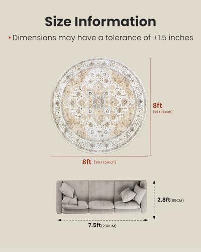 Amada Round 8x8 Washable Area Rug for Dining Room, Beige, Vintage Style - Image 2