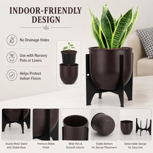 TRIROCKS Set of 2 Planters with Stand Indoor Outdoor Metal Plant Stand 16 &8" H Modern Planters Flower Pots for Living Room Corner Kitchen Office Garden Balcony Patio Decor - Image 4
