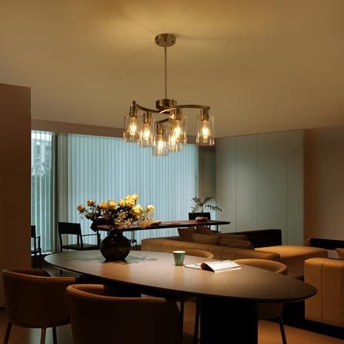 CNRATYE 6-Light Brushed Nickel Chandeliers for Dining Room Light Fixtures Over Table, Adjustable Height Hanging Industrial Pendant Lighting for Kitchen Island Bedroom, Clear Glass Shade - Image 2
